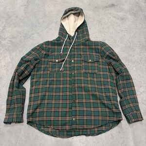 Zaful Sherpa Lined Flannel Shirt Men's XL‎ Green Plaid Hooded Snap Front Casual